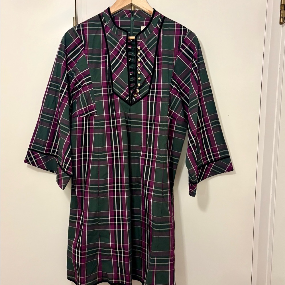 Tuckernuck Plaid Mini Dress with Velvet Trim and Gold Button Details